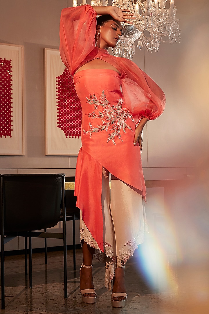 Coral & Taupe Organza & Silk Embroidered Co-Ord Set by Babita Malkani at Pernia's Pop Up Shop