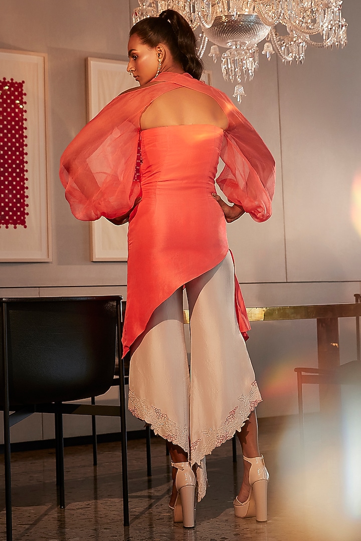 Coral & Taupe Organza & Silk Embroidered Co-Ord Set by Babita Malkani at Pernia's Pop Up Shop
