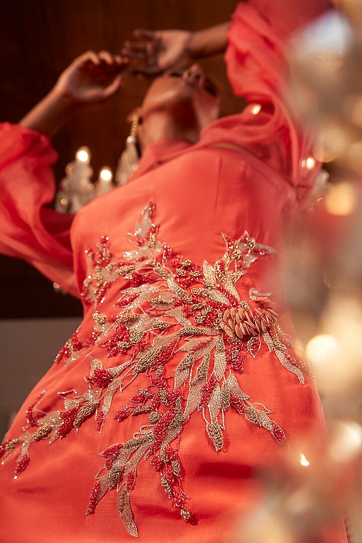 Coral & Taupe Organza & Silk Embroidered Co-Ord Set by Babita Malkani at Pernia's Pop Up Shop