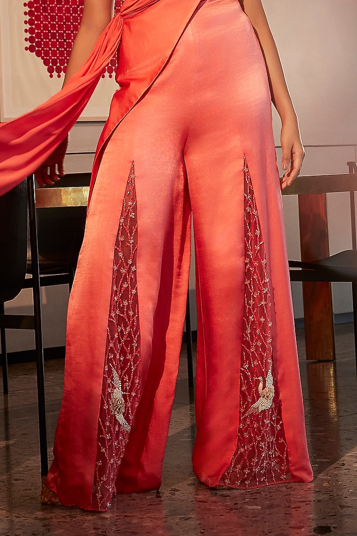 Coral Silk Embroidered Flared Jumpsuit by Babita Malkani at Pernia's Pop Up Shop