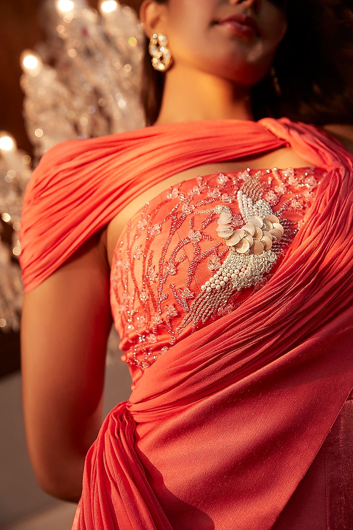 Coral Silk Embroidered Flared Jumpsuit by Babita Malkani at Pernia's Pop Up Shop