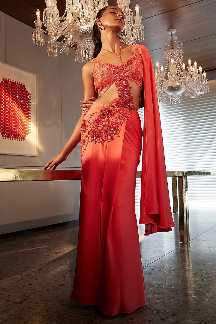 Coral Georgette 3D Applique Embroidered Draped Saree Set by Babita Malkani at Pernia's Pop Up Shop