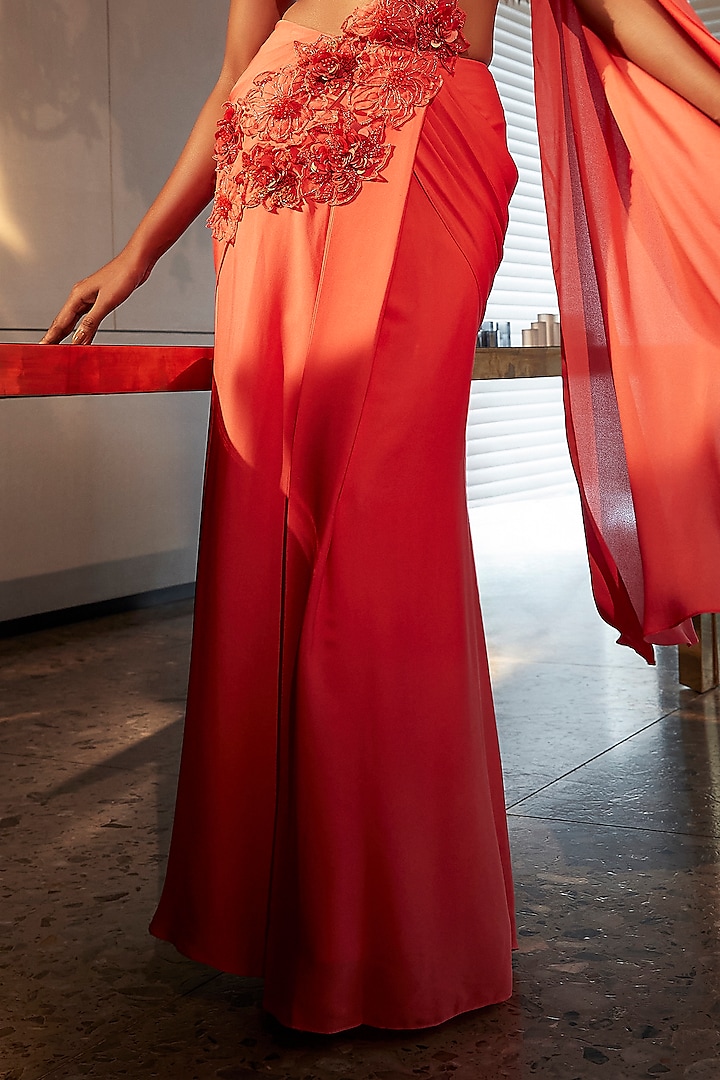 Coral Georgette 3D Applique Embroidered Draped Wedding Saree Set by Babita Malkani at Pernia's Pop Up Shop