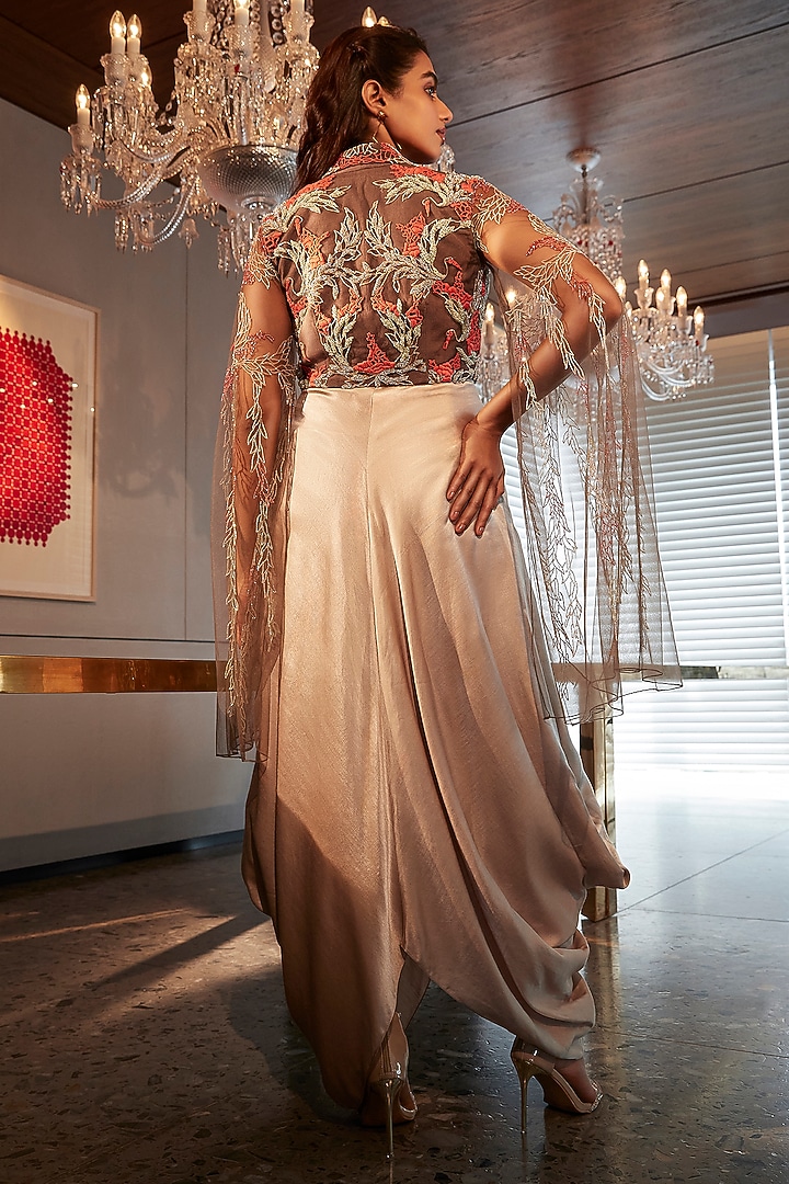 Taupe Silk Cowl Party Wear Dress With Blazer by Babita Malkani at Pernia's Pop Up Shop