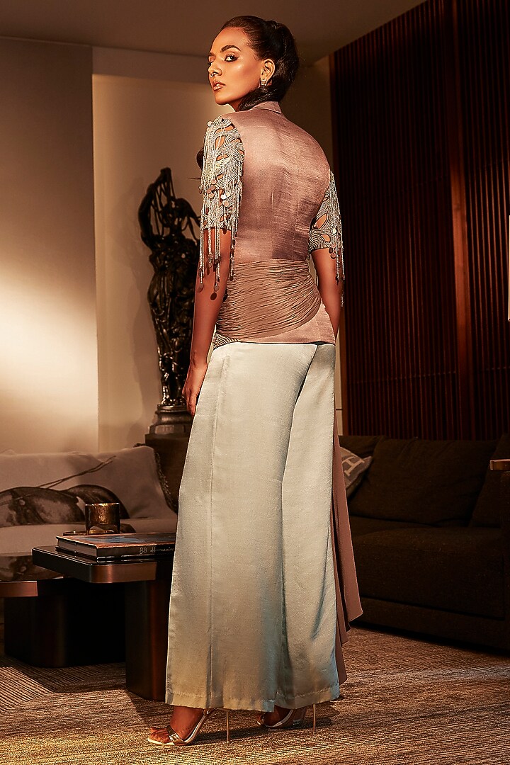 Brown & Mint Silk Crepe Embroidered Co-Ord Set by Babita Malkani at Pernia's Pop Up Shop