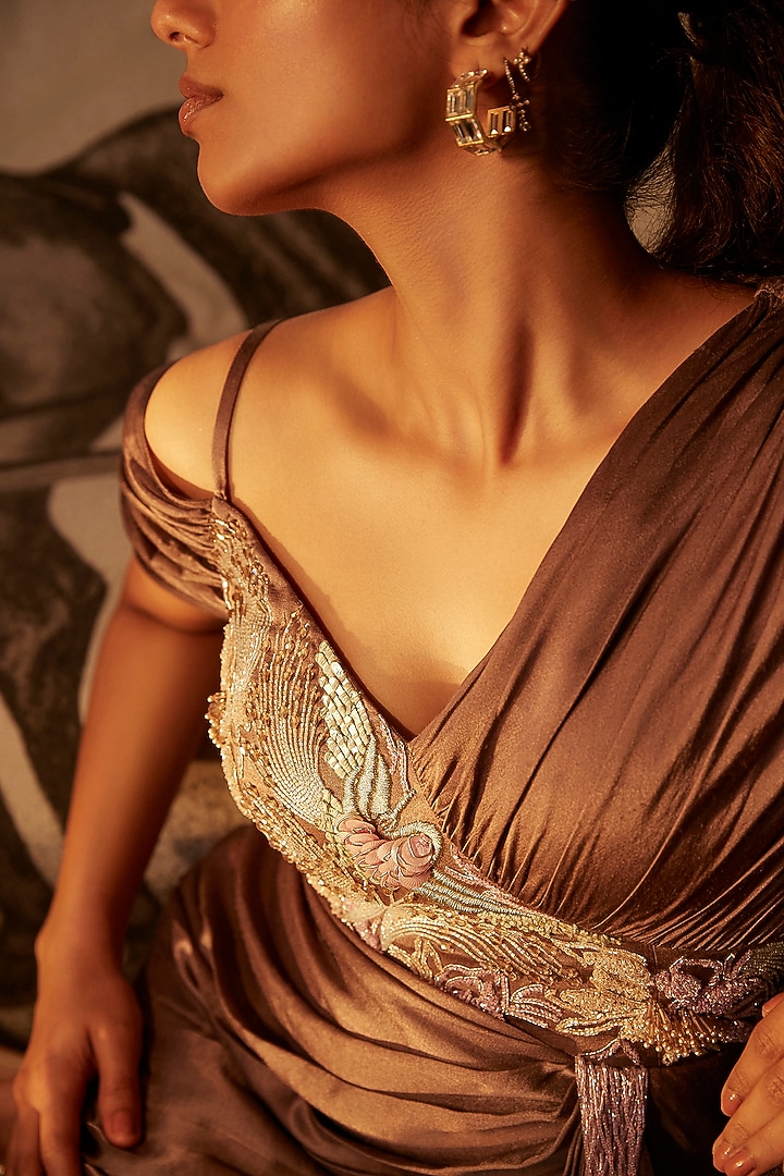 Brown Satin Sequins Embroidered Asymmetric Draped Party Wear Dress by Babita Malkani at Pernia's Pop Up Shop