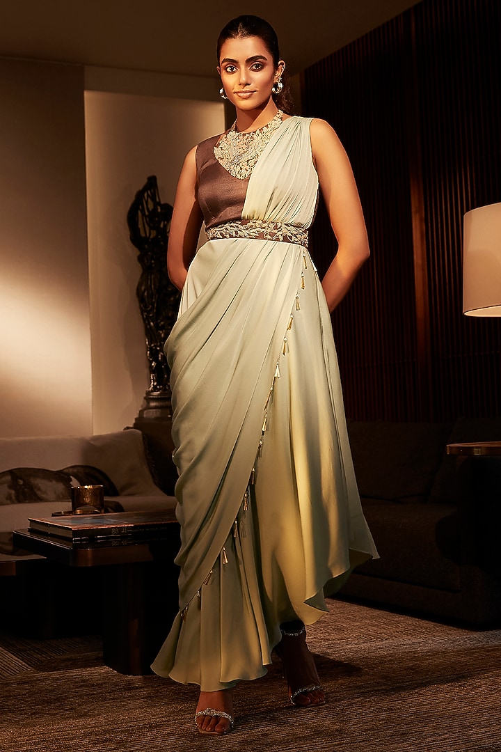 Mint & Brown Silk Asymmetric Draped Party Wear Dress by Babita Malkani at Pernia's Pop Up Shop