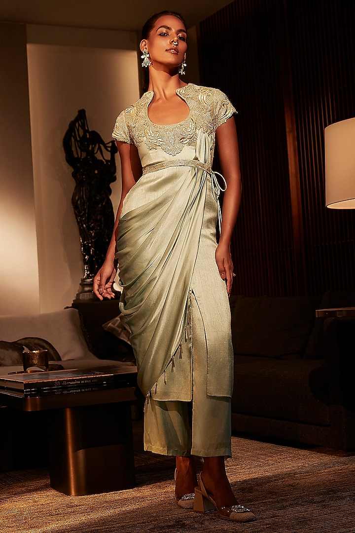 Mint Satin Zardosi Hand Embroidered Kurta Set by Babita Malkani at Pernia's Pop Up Shop