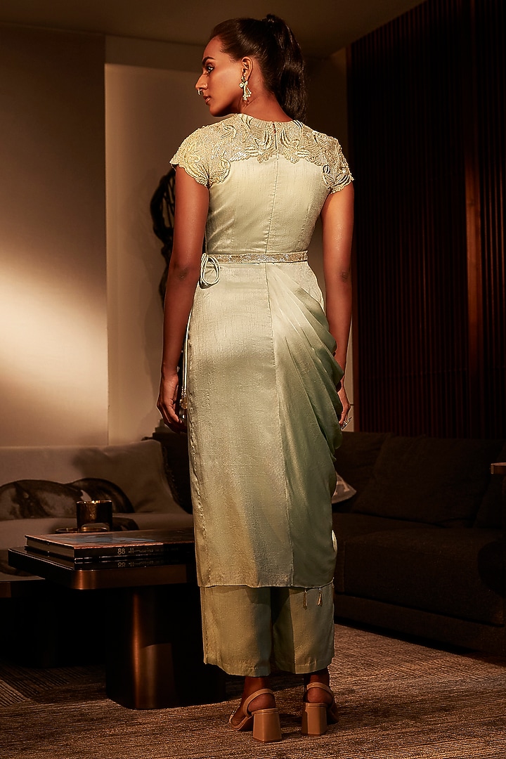 Mint Satin Zardosi Hand Embroidered Kurta Set by Babita Malkani at Pernia's Pop Up Shop