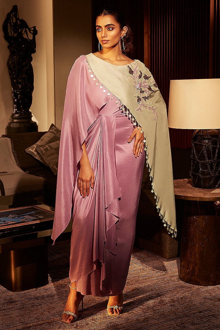 Lilac & Mint Silk Embroidered Color-Blocked Draped Jacket Dress by Babita Malkani at Pernia's Pop Up Shop