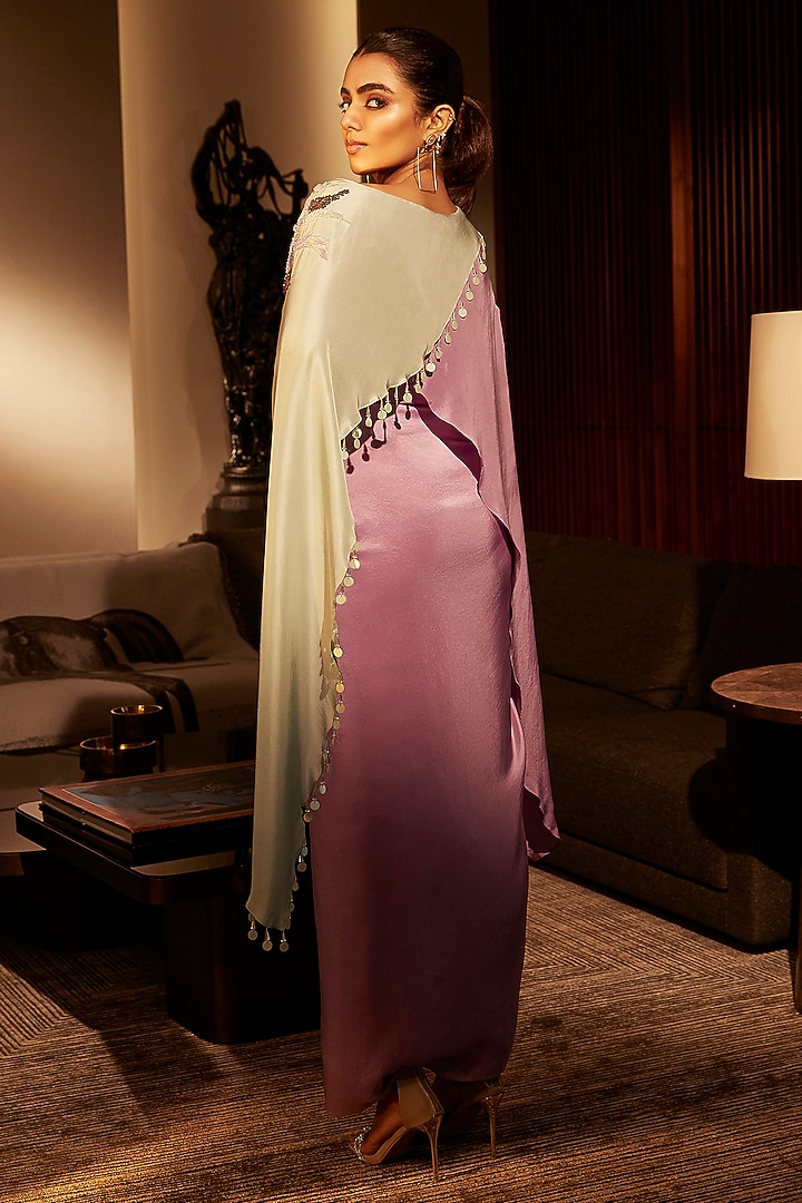Lilac & Mint Silk Embroidered Color-Blocked Draped Jacket Party Wear Dress by Babita Malkani at Pernia's Pop Up Shop