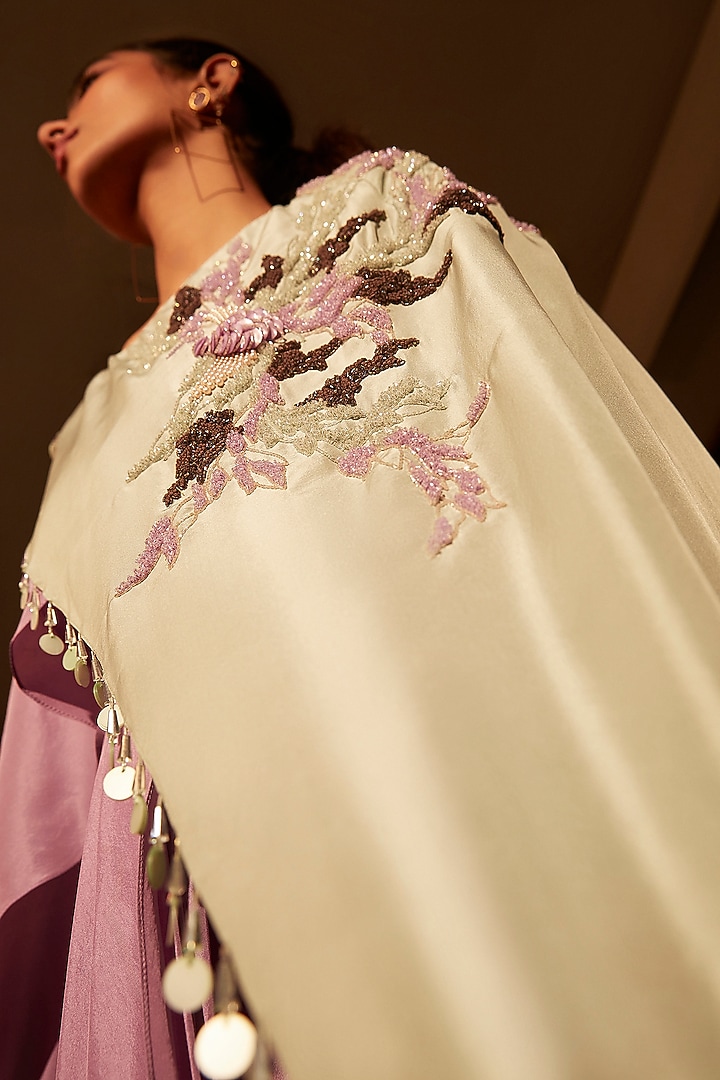 Lilac & Mint Silk Embroidered Color-Blocked Draped Jacket Party Wear Dress by Babita Malkani at Pernia's Pop Up Shop