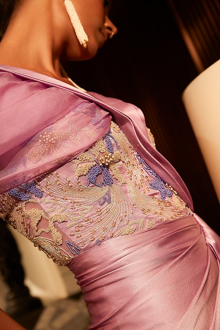 Lilac Satin Crystal Hand Embellished Draped Jumpsuit by Babita Malkani at Pernia's Pop Up Shop