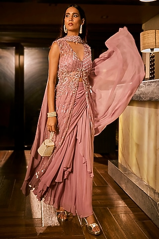 Lilac Georgette & Tulle Embellished Cape Set by Babita Malkani