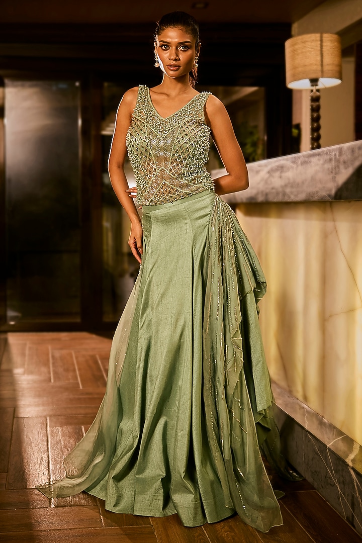 Mint Green Silk Embroidered Wedding Lehenga Set by Babita Malkani at Pernia's Pop Up Shop