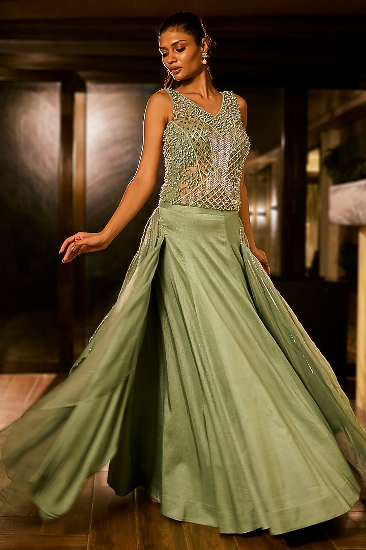 Mint Green Silk Embroidered Wedding Lehenga Set by Babita Malkani at Pernia's Pop Up Shop
