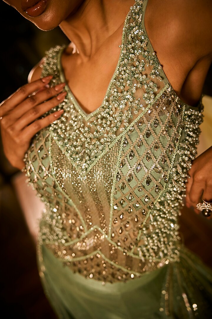 Mint Green Silk Embroidered Wedding Lehenga Set by Babita Malkani at Pernia's Pop Up Shop