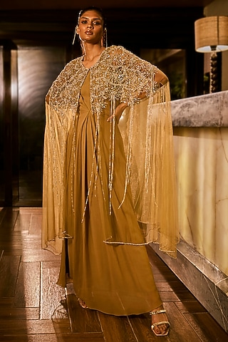 Olive Green Georgette & Net Embellished Jacket Dress by Babita Malkani