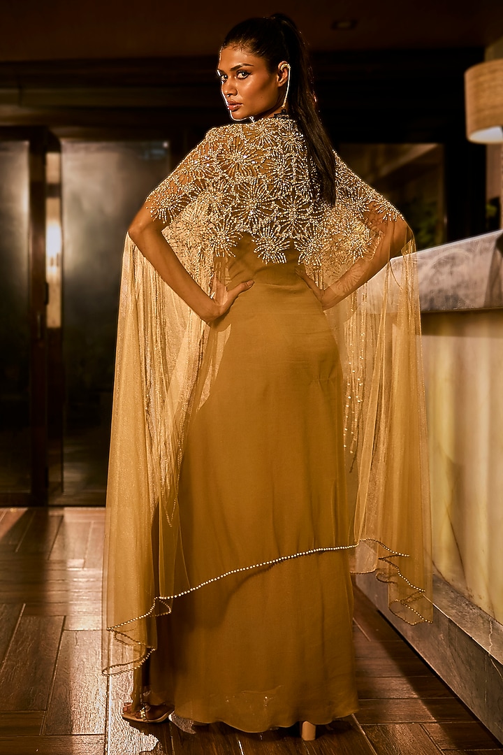 Olive Green Georgette & Net Embellished Jacket Party Wear Dress by Babita Malkani at Pernia's Pop Up Shop