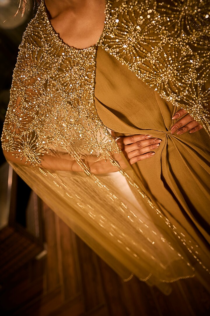 Olive Green Georgette & Net Embellished Jacket Party Wear Dress by Babita Malkani at Pernia's Pop Up Shop