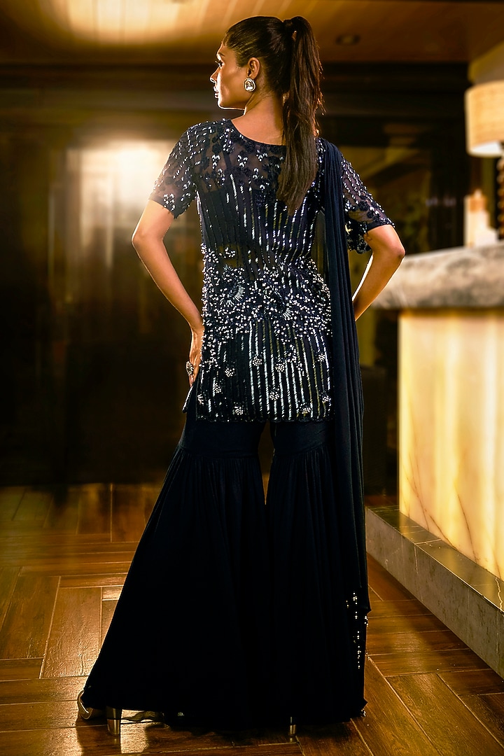Midnight Blue Crepe & Net Wedding Sharara Set by Babita Malkani at Pernia's Pop Up Shop