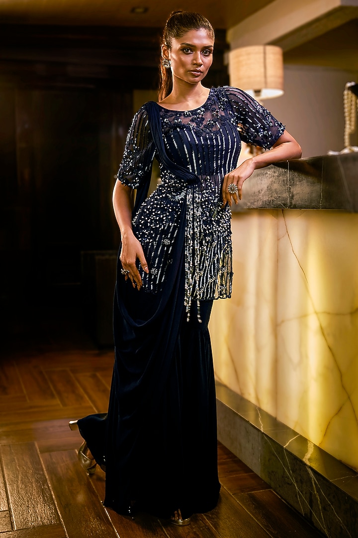 Midnight Blue Crepe & Net Wedding Sharara Set by Babita Malkani at Pernia's Pop Up Shop