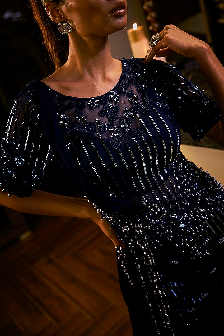 Midnight Blue Crepe & Net Wedding Sharara Set by Babita Malkani at Pernia's Pop Up Shop