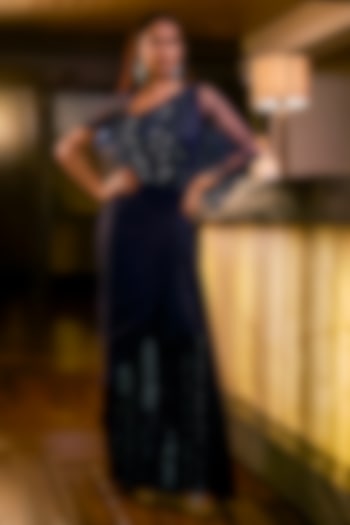 Midnight Blue Italian Crepe & Net Embellished Jumpsuit by Babita Malkani at Pernia's Pop Up Shop