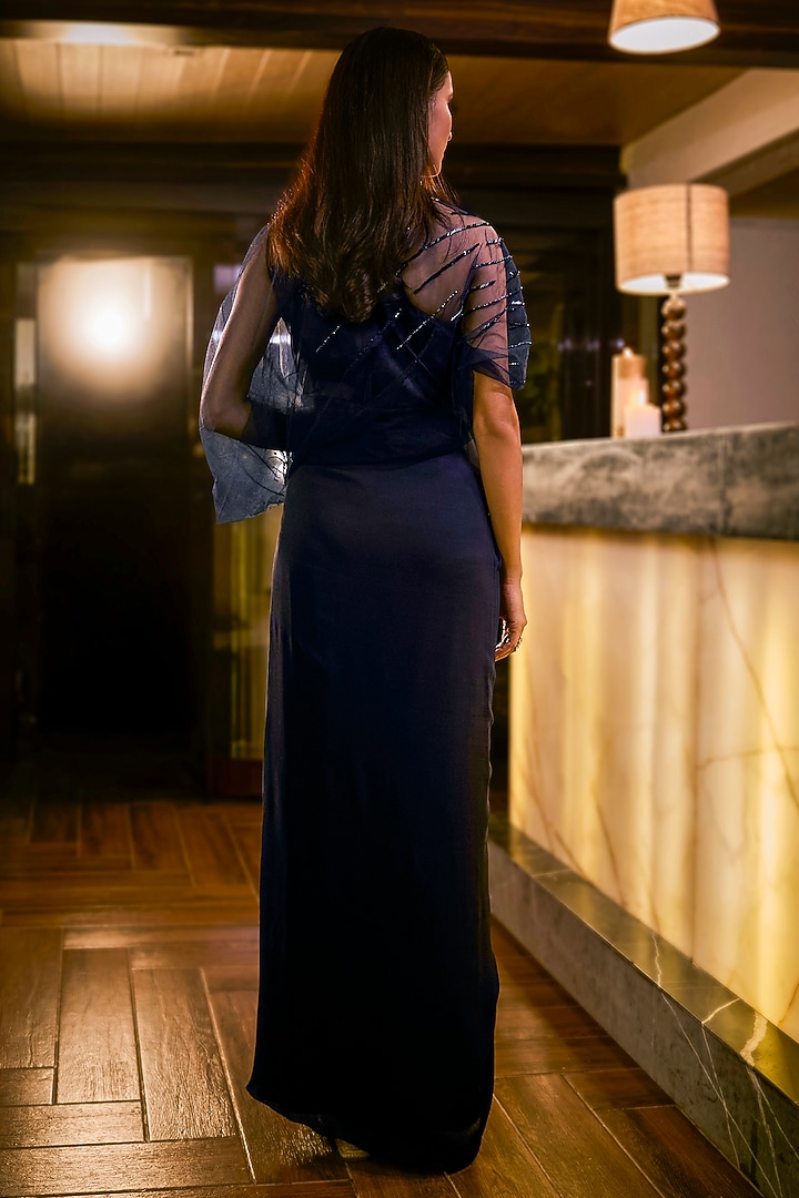 Midnight Blue Italian Crepe & Net Embellished Jumpsuit by Babita Malkani at Pernia's Pop Up Shop