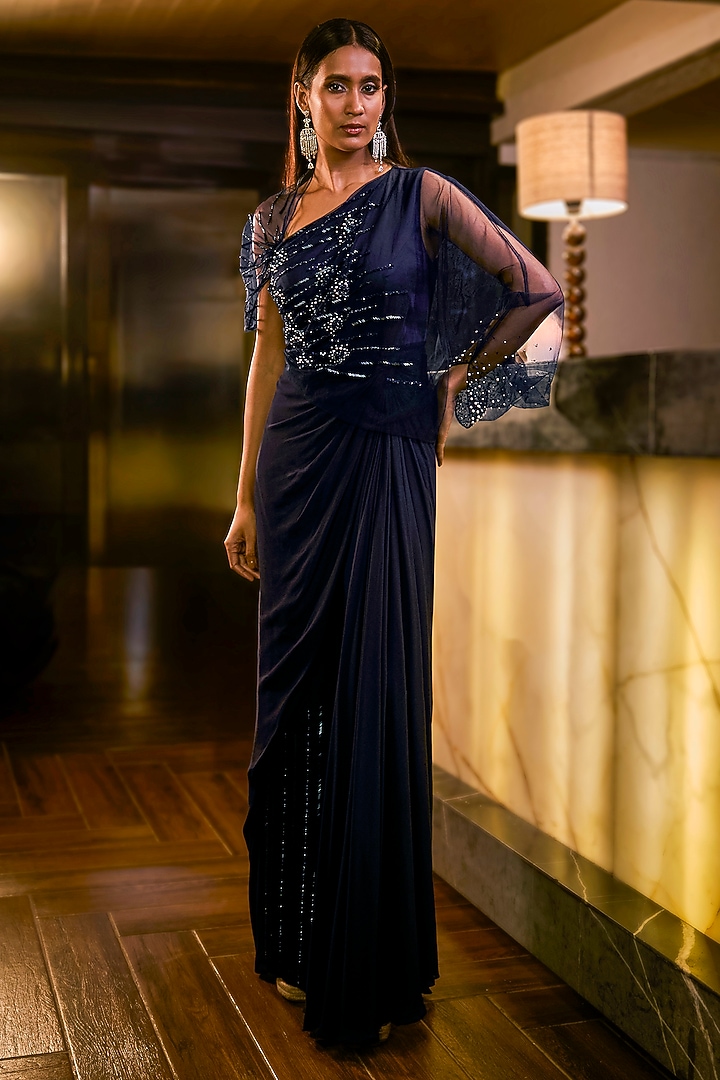 Midnight Blue Italian Crepe & Net Embellished Jumpsuit by Babita Malkani at Pernia's Pop Up Shop