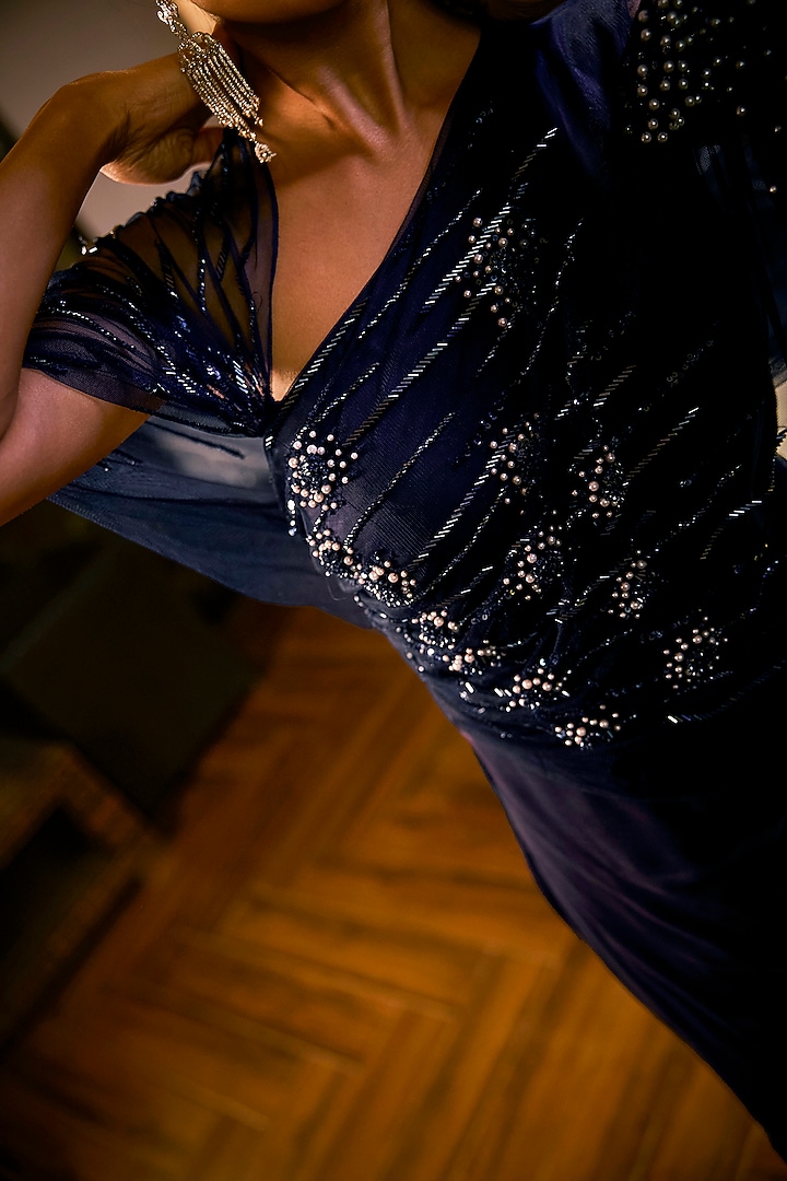Midnight Blue Italian Crepe & Net Embellished Jumpsuit by Babita Malkani at Pernia's Pop Up Shop