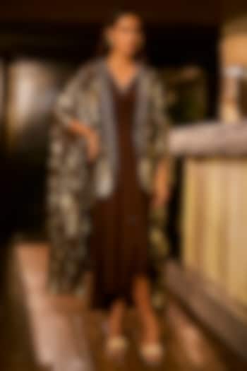 Chocolate Brown Satin & Foil Georgette Embellished Jacket Cocktail Dress by Babita Malkani at Pernia's Pop Up Shop