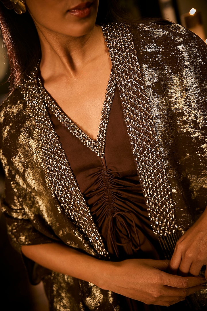 Chocolate Brown Satin & Foil Georgette Embellished Jacket Cocktail Dress by Babita Malkani at Pernia's Pop Up Shop