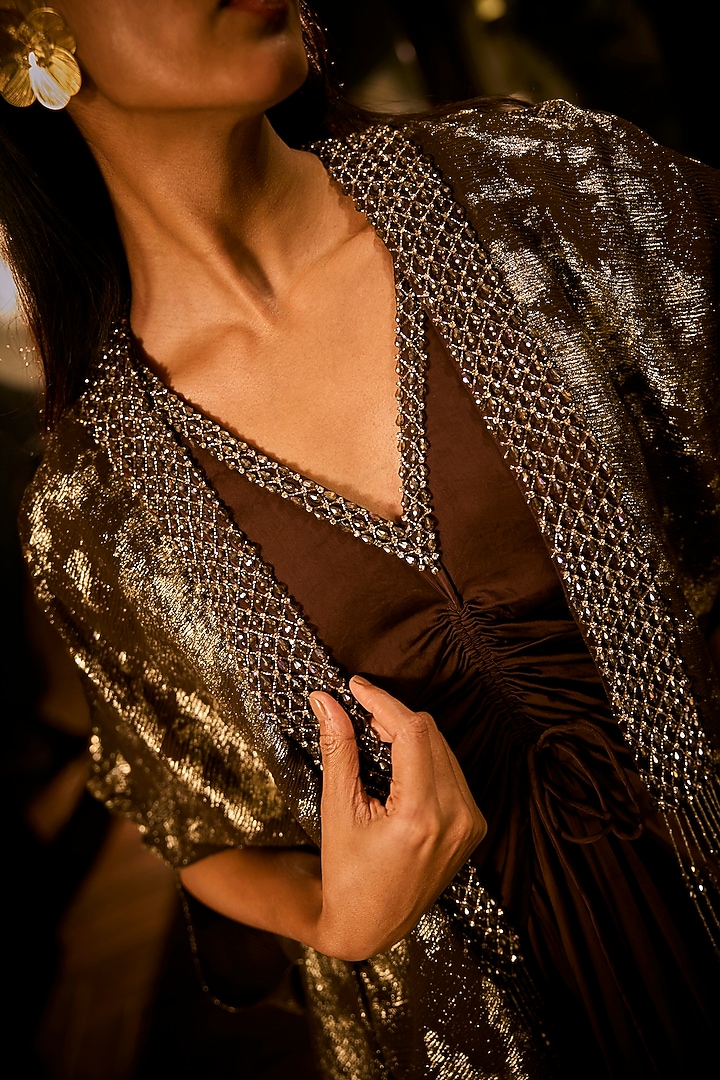 Chocolate Brown Satin & Foil Georgette Embellished Jacket Cocktail Dress by Babita Malkani at Pernia's Pop Up Shop