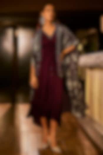 Maroon Satin & Foil Georgette Embellished Jacket Cocktail Dress by Babita Malkani at Pernia's Pop Up Shop