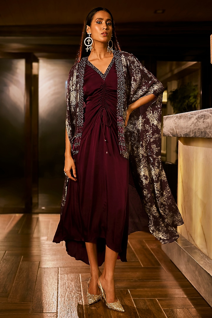 Maroon Satin & Foil Georgette Embellished Jacket Cocktail Dress by Babita Malkani at Pernia's Pop Up Shop