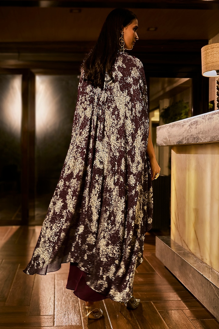 Maroon Satin & Foil Georgette Embellished Jacket Cocktail Dress by Babita Malkani at Pernia's Pop Up Shop