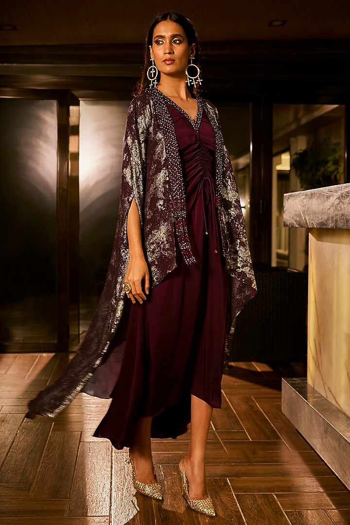 Maroon Satin & Foil Georgette Embellished Jacket Cocktail Dress by Babita Malkani at Pernia's Pop Up Shop