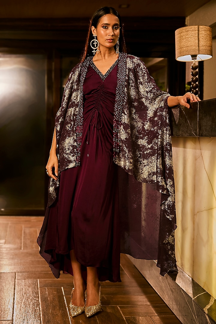 Maroon Satin & Foil Georgette Embellished Jacket Cocktail Dress by Babita Malkani at Pernia's Pop Up Shop
