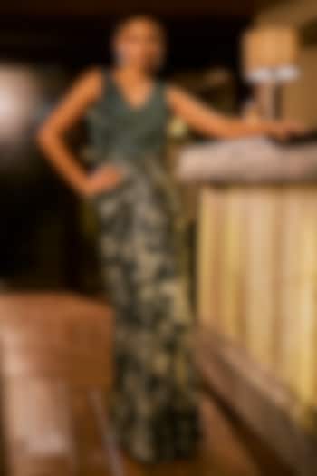 Emerald Green Foil Georgette Hand Embroidered Engagement Gown by Babita Malkani at Pernia's Pop Up Shop