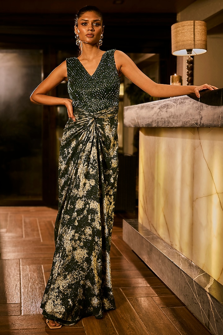 Emerald Green Foil Georgette Hand Embroidered Engagement Gown by Babita Malkani at Pernia's Pop Up Shop