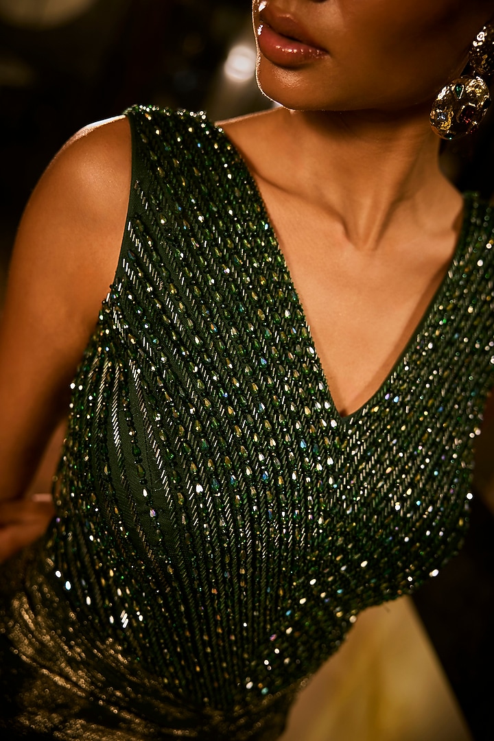 Emerald Green Foil Georgette Hand Embroidered Engagement Gown by Babita Malkani at Pernia's Pop Up Shop