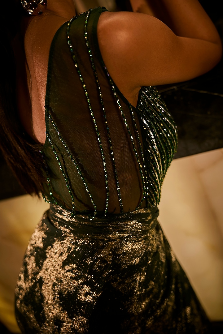 Emerald Green Foil Georgette Hand Embroidered Engagement Gown by Babita Malkani at Pernia's Pop Up Shop