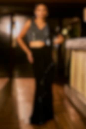 Black Georgette Pre-Draped Wedding Saree Set by Babita Malkani at Pernia's Pop Up Shop