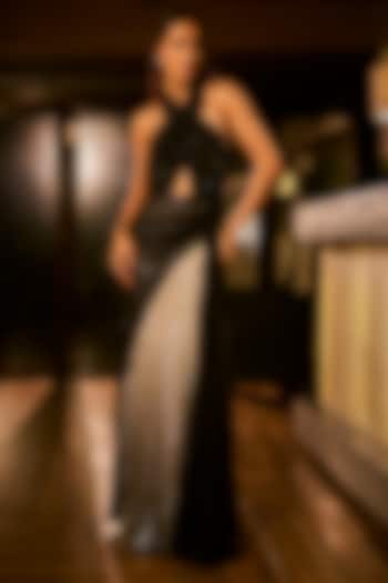 Black Georgette & Sequins Georgette Embroidered Draped Engagement Gown by Babita Malkani at Pernia's Pop Up Shop