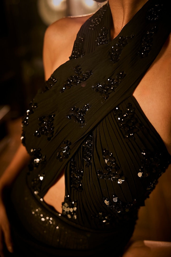 Black Georgette & Sequins Georgette Embroidered Draped Engagement Gown by Babita Malkani at Pernia's Pop Up Shop