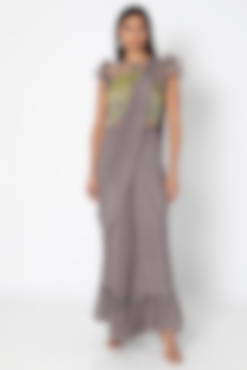 Taupe Grey Crepe & Net Ruffled Pre-Stitched Saree Set by Babita Malkani