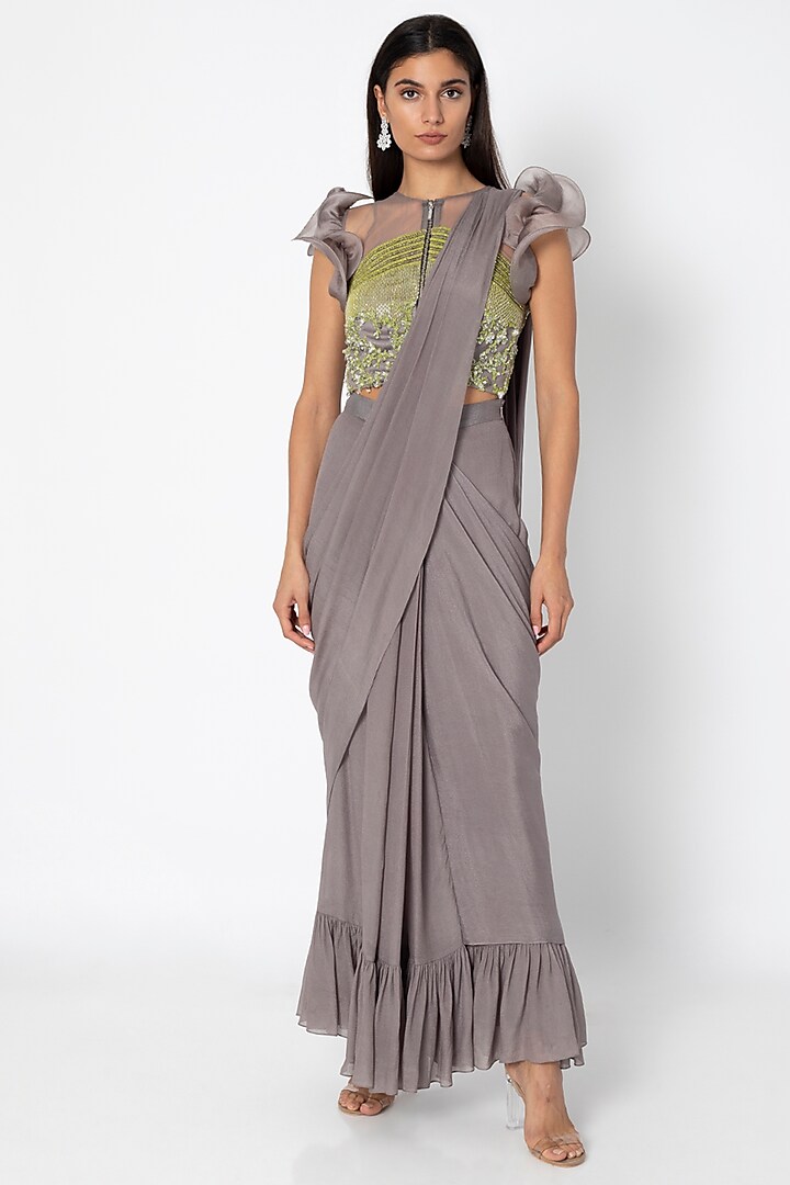 Taupe Grey Crepe & Net Ruffled Pre-Stitched Saree Set by Babita Malkani