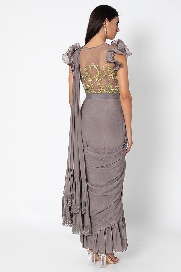 Taupe Grey Crepe & Net Ruffled Pre-Stitched Wedding Saree Set by Babita Malkani at Pernia's Pop Up Shop