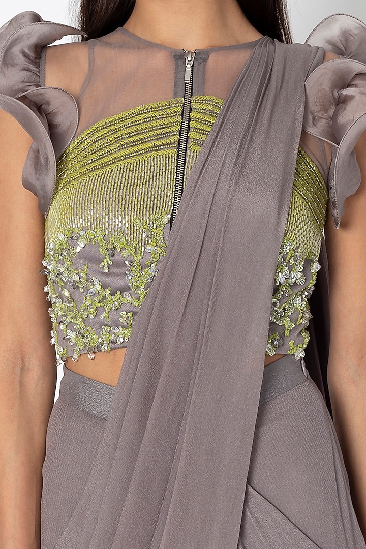 Taupe Grey Crepe & Net Ruffled Pre-Stitched Wedding Saree Set by Babita Malkani at Pernia's Pop Up Shop